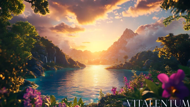 Sunlit mountain lake with waterfalls and dense vegetation.