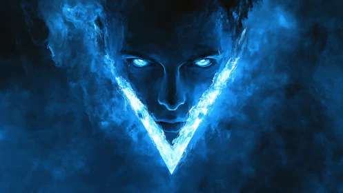 Glowing blue spectral face emerges within a blazing V-shaped rift