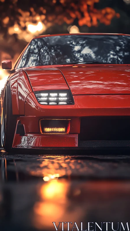 Low-slung red sports car gleams in warm sunset reflections.