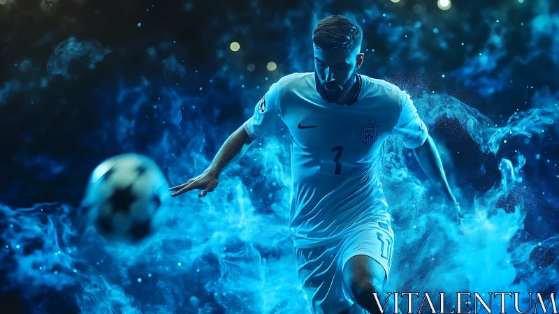 Soccer player bursts through blue energy smoke in motion