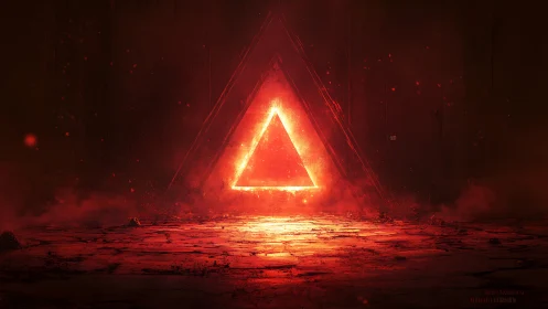 Geometric triangle form emits incandescent radiance in darkened environment.