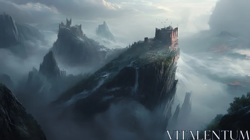 Stormlit cliff citadel rising above ethereal mountain fog.