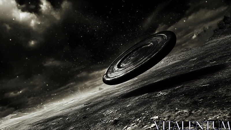 Tilted alien disc hovers over cratered monochrome moon