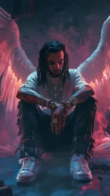 Moody winged man in streetwear sitting in smoky light.