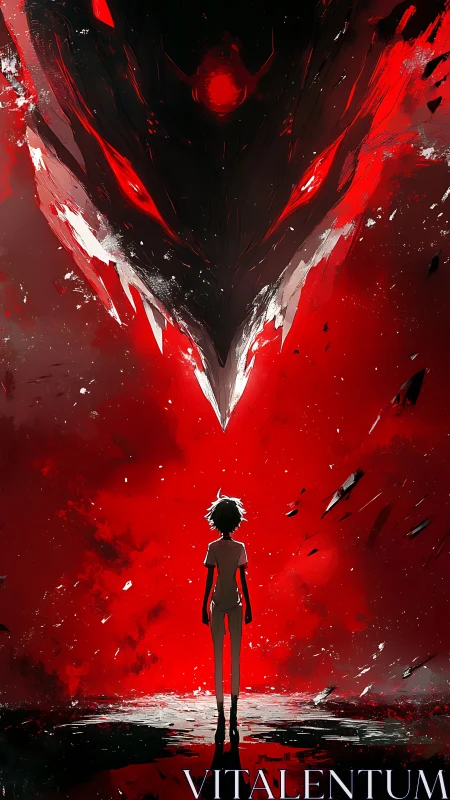 Silhouetted figure confronting vast dark entity overhead.