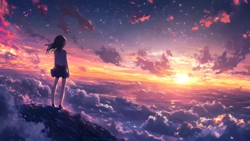 Girl above the clouds greeting a glowing dreamlike sunrise.