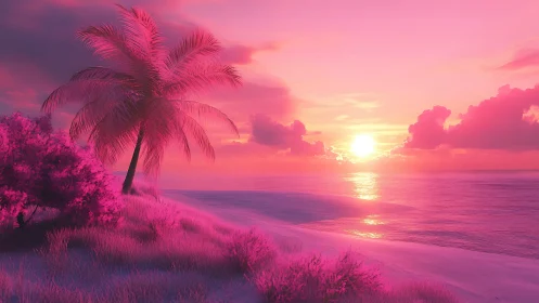 High-saturation pink tropical shoreline under stylized digital sunset