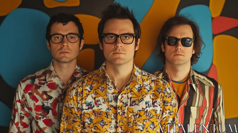 Three men in patterned shirts stand against abstract wall