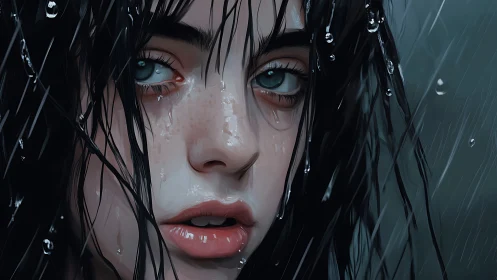 Rain-soaked girl stares ahead with haunting, glassy eyes.