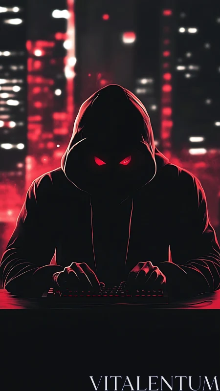 Hooded cyber intruder rendered in neon red chiaroscuro style