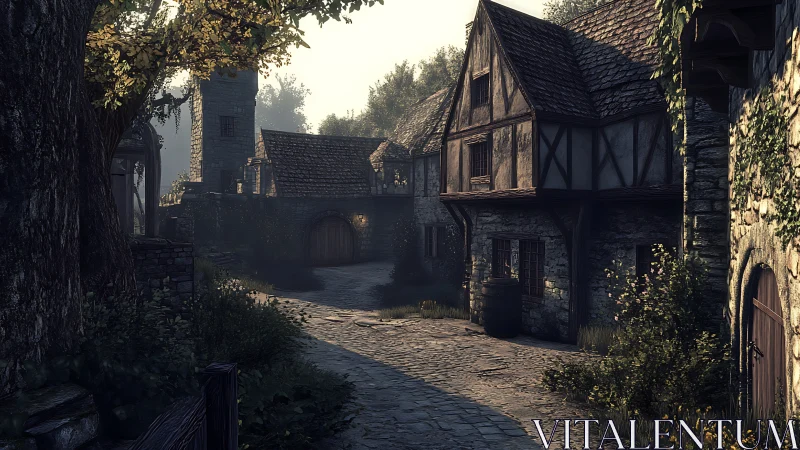 Medieval stone village street curves past timber houses