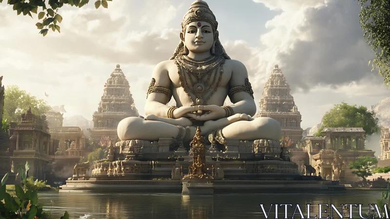Colossal serene deity statue mirrored in temple waters.
