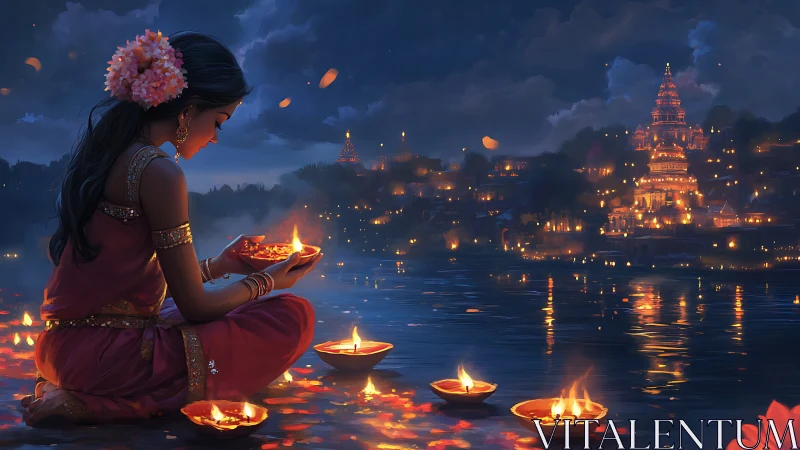 Riverbank diya ritual glows against luminous temple night.