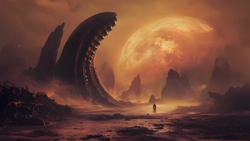 Colossal alien crescent ruin before a burning supermoon.