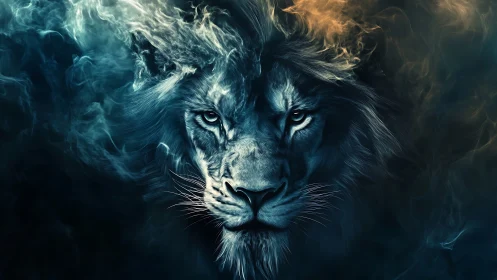 Stylized lion portrait with dual toned smoke background.