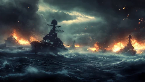 Warships clash in a stormy sea under burning night skies