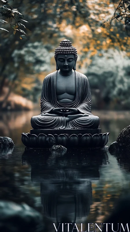 Quiet waterside Buddha statue inviting gentle reflection.