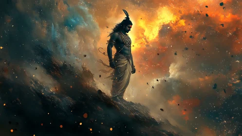 Mythic warrior silhouette against fiery storm sky.