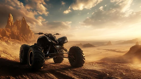 Solar-dusted desert rover prowls a windswept alien horizon.