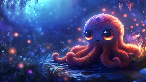 Bioluminescent chibi octopus rendered in dreamy neon forest