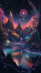 Starlit neon caverns cradle a luminous cosmic river dreamscape.