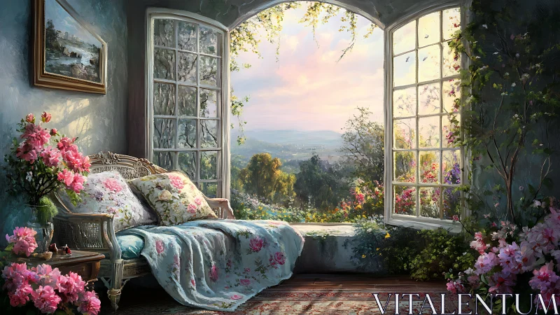 Sunlit garden window frames tranquil floral daybed retreat