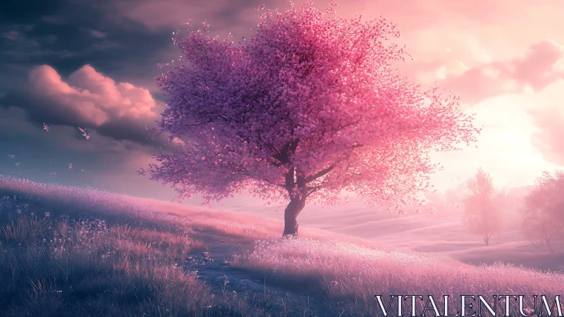 Lone blush blossom tree bathing in dreamlit sunrise glow.