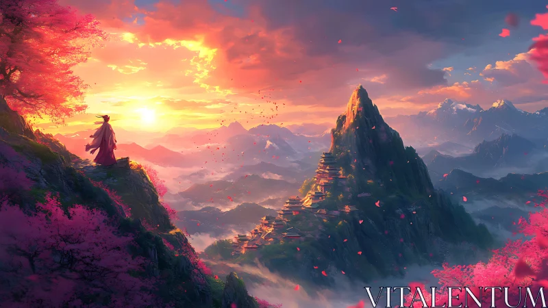 Solitary robed figure overlooking glowing mountain temple