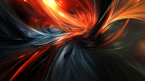 Abstract digital vortex with red and orange light forms.