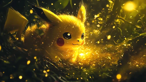 Digital painting of Pikachu in luminous forest clearing glow.