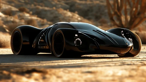 Futuristic black concept hypercar rests on sunlit desert road
