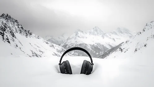 Black wireless headphones placed in snowy alpine valley.
