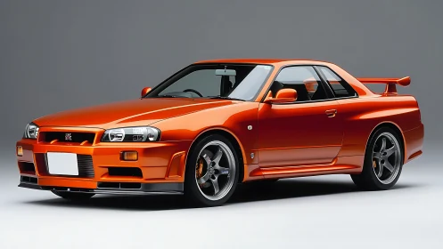 Studio-lit orange sports coupe in side-front three quarter view.