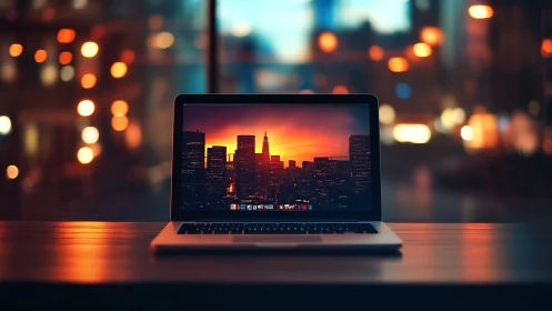 Laptop framing vivid city sunset on blurred office desk.