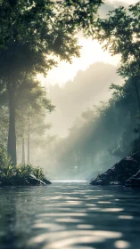 Forest river valley with morning mist and overhead canopy