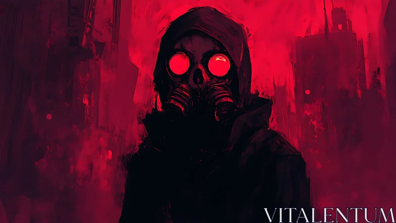 Mysterious gas mask wanderer in glowing crimson fog.