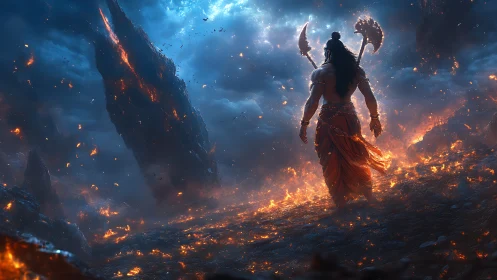 Mythic warrior strides through a blazing stormscape.