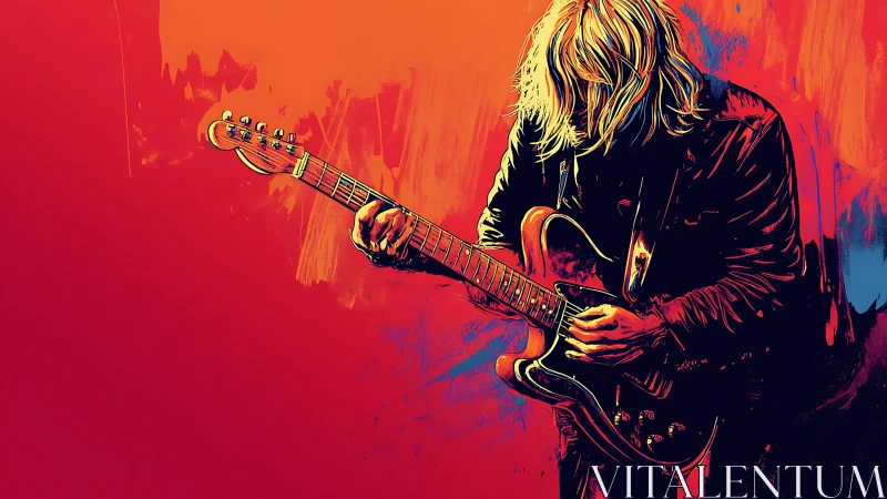 Electric guitarist in stylized neon portrait composition.