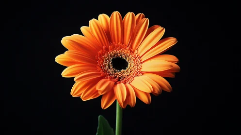 Orange Gerbera Daisy with Textured Center Against Black.