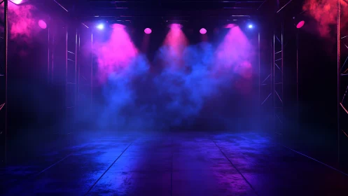 Empty stage with colored spotlights and haze in dark room.