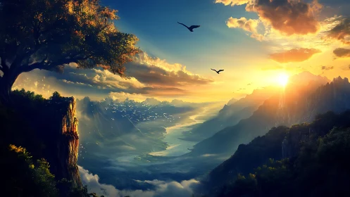 Golden sunrise over a peaceful fantasy valley of clouds.