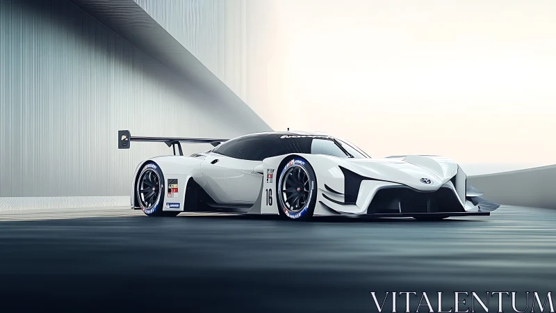 Futuristic white Toyota race car under minimal architecture.
