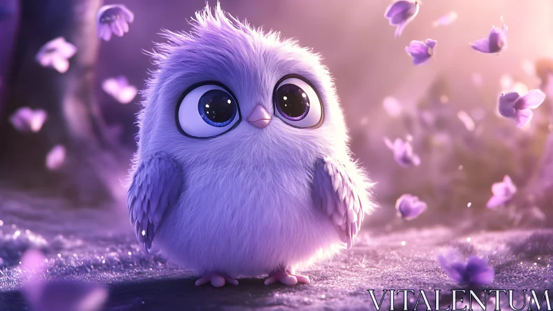 Adorable Fluffy Baby Bird in Magical Purple Animated Forest.