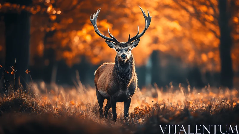 Cervid subject in bokeh-compressed autumnal forest fieldscape.