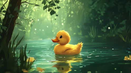 Yellow duckling on calm forest pond in soft daylight.