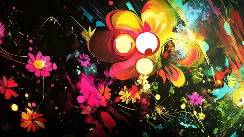 Neon floral abstraction with dynamic splatter strokes on black