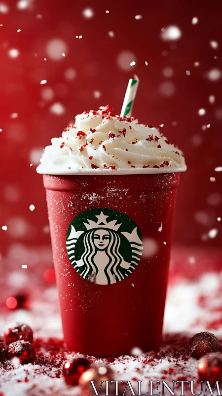 Red holiday cup with whipped cream and candy sprinkles.