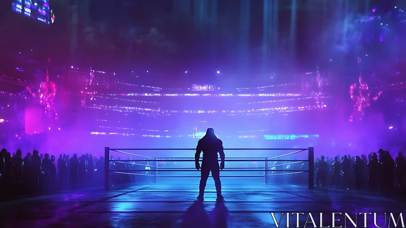 Neon arena fighter enters glowing futuristic ring stage.