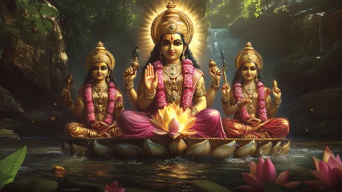 Lotus-borne deities bask in golden light above a forest stream