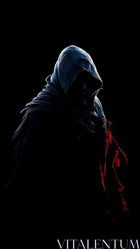 Digital cloaked figure in high-contrast chiaroscuro profile.